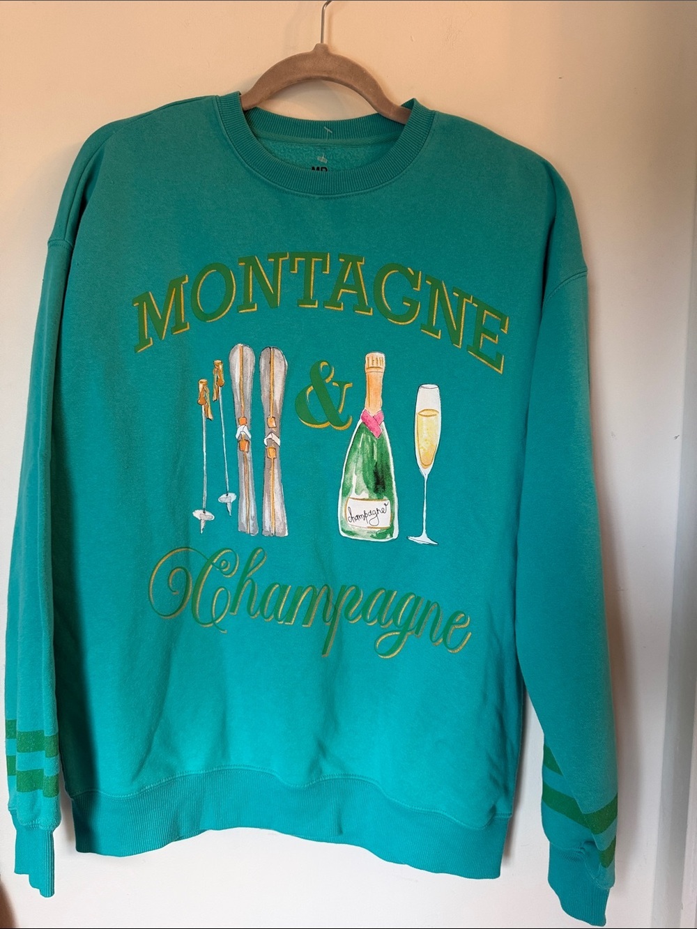 Goodie Two Sleeves Montagne & Champagne Teal Crewneck Sweatshirt medium